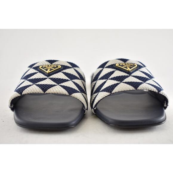 Prada Jacquard Triangle Logo Baltico Talco Blue White Slide Sandal Flat Mule 36 - Picture 9 of 15